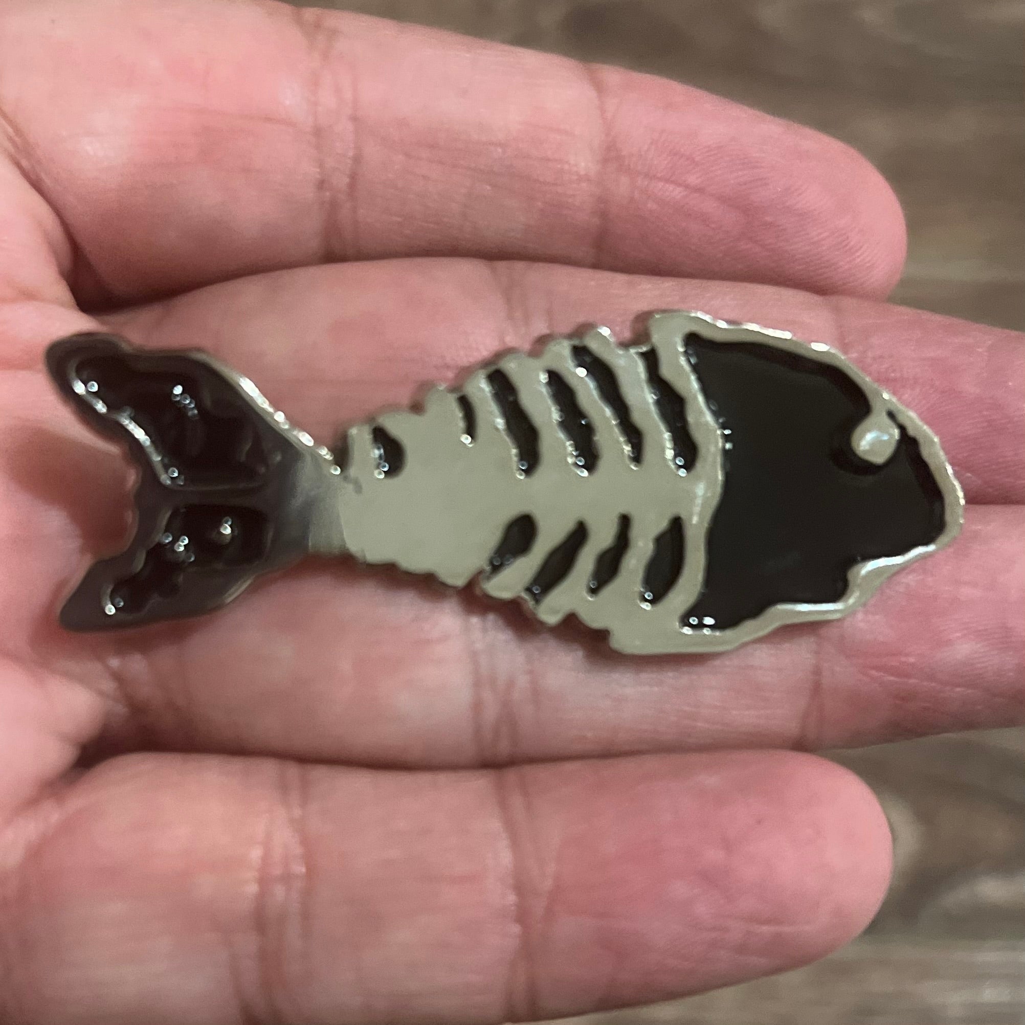 Fishbone Metal Pin - Red, Black, White, Green and Silver